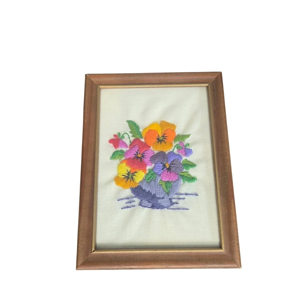 Vintage Framed Hand Embroidered Pansy Floral Needlework Wall Art Cottage Decor